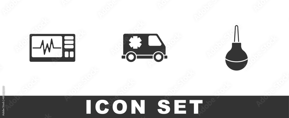 Poster set monitor with cardiogram, emergency and enema icon. vector