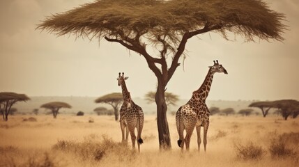 Dreamy scene of two Giraffe looking like a single Giraffe with two heads under an Acacia tree in the Serengeti National Park, Tanzania, Africa. - obrazy, fototapety, plakaty