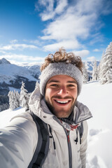 Fototapeta na wymiar Snowy Silence: Capturing the Essence of Winter in a Selfie with Majestic Mountain Backdrop.