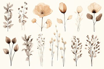 Naklejka premium Abstract watercolor flowers, leaves, branches. Boho and multiple color palette with a white background. Vector, floral clipart.