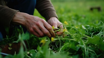 Farmers hands harvesting organic dandelion greens cutting base of stems.