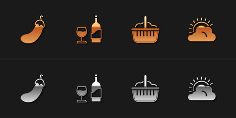 Set Eggplant, Wine bottle with glass, Basket and Sun and cloud weather icon. Vector