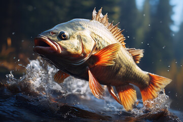 large perch fish jumps out over water of the lake. Predatory fish hunts in the river - obrazy, fototapety, plakaty