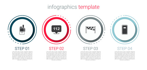 Set Walkie talkie, Telephone call 112, Crime scene and Police assault shield. Business infographic template. Vector