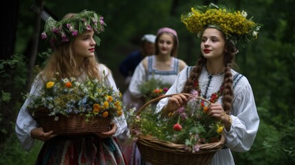 Gils wearing Ukrainian traditional clothes collect flowers to make wreaths during the celebrations of Ivana Kupala night, an ancient heathen holiday, in the Pyrogove village near Kiev.