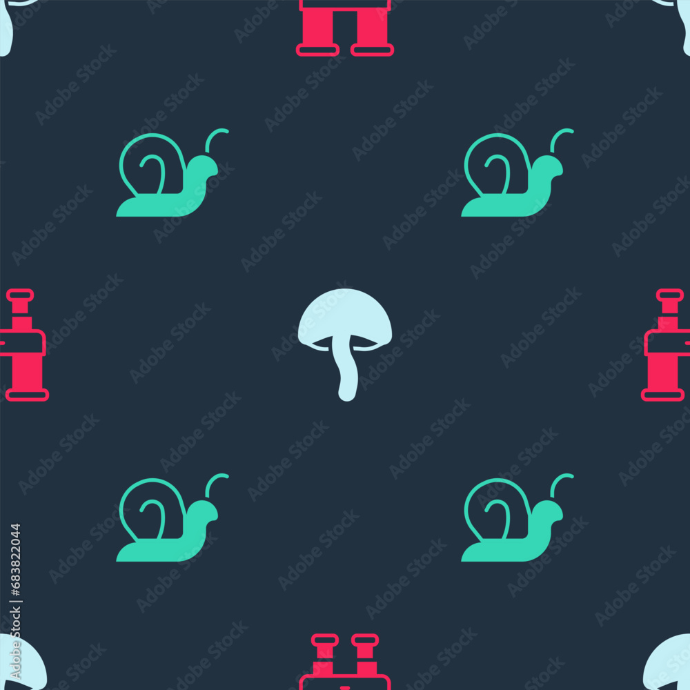 Poster set binoculars, mushroom and snail on seamless pattern. vector