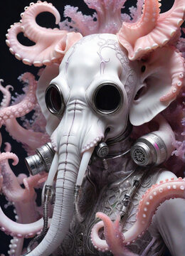 white surreal alien in a gas mask