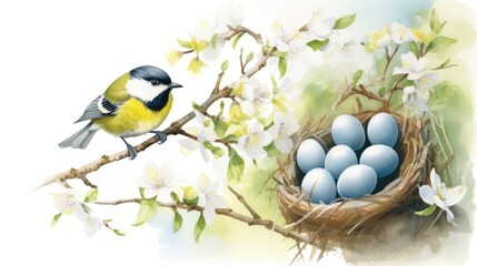 Great tit bird with eggs in nest.
