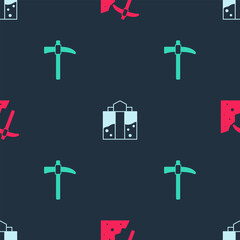 Set Pickaxe, Mine entrance and on seamless pattern. Vector