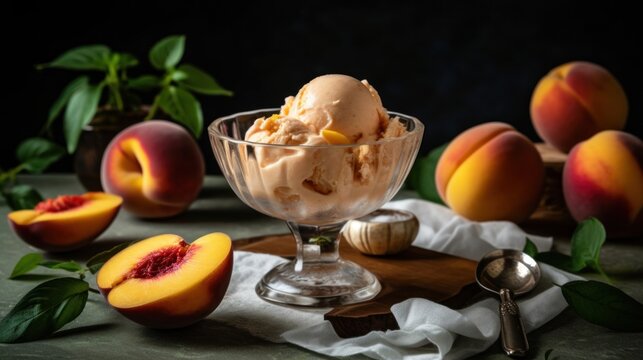 Homemade peach gelato in a glass ice cream dessert bowl on a table top beside two succulent, ripe peaches. This image evokes the feeling of happy warm summer days enjoying a bowl of ice cream and a fr