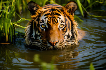 a tiger swimming in a shallow water ai generative