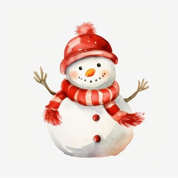Generative AI. watercolor clipart of a cute snowman, wearing Santa Claus costume.