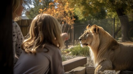 Mother and daughter (6-7) looking at African Lion at Boise Zoo.