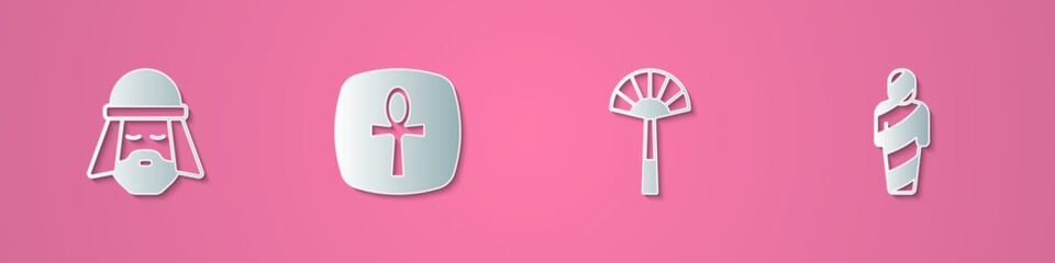 Obraz premium Set paper cut Egyptian man, Cross ankh, fan and mummy icon. Paper art style. Vector