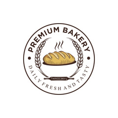 Bakery logo design. with wheat and bread concept in vintage style for bake shop or cake lovers