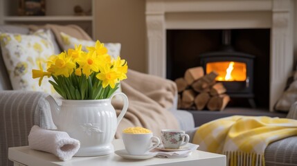 room with armchairs near the fireplace and a bunch of daffodils in vase on the table. 