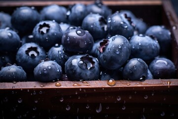 A wooden box full of fresh blueberries