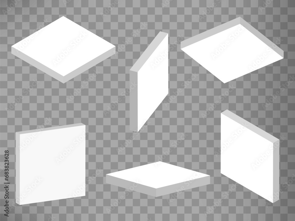 Poster set of perspective projections 3d square prism model icons on transparent background. 3d square pris