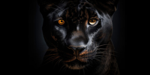 A captivating Panther portrait on a black background, Copy Space.