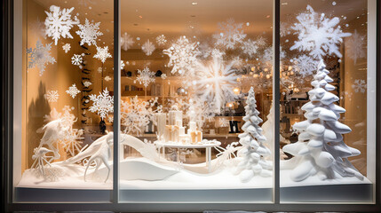 Merry Christmas and Happy New Year in the window of the shop. Shop window with christmas decorations. Christmas and New Year concept.
