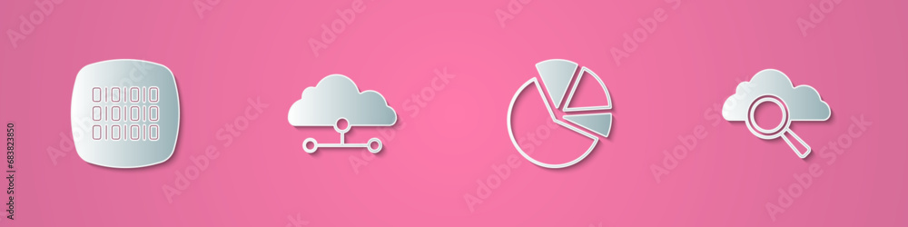 Poster set paper cut binary code, network cloud connection, pie chart infographic and search computing icon