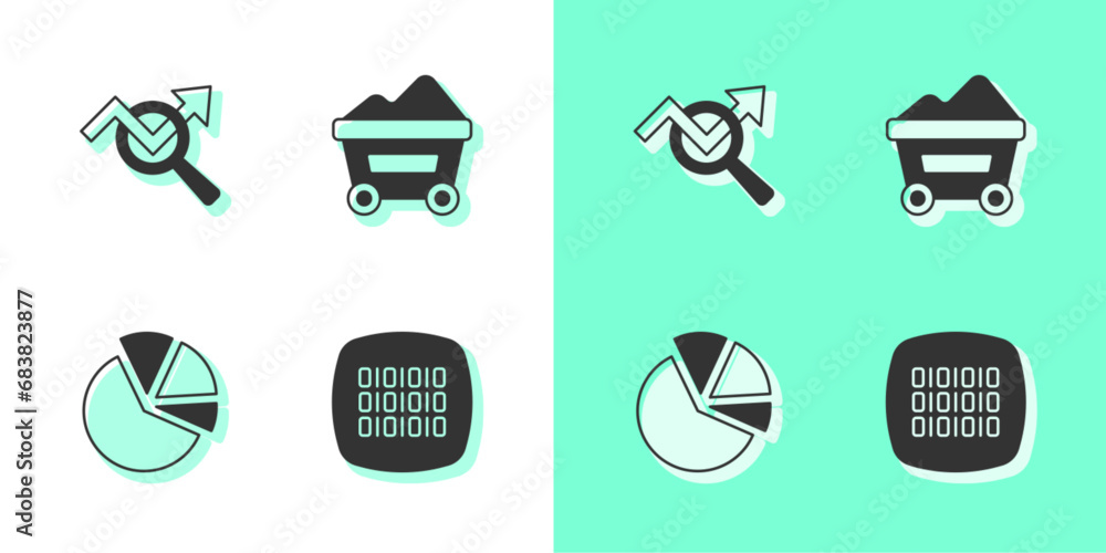 Poster set binary code, search data analysis, pie chart infographic and coal mine trolley icon. vector