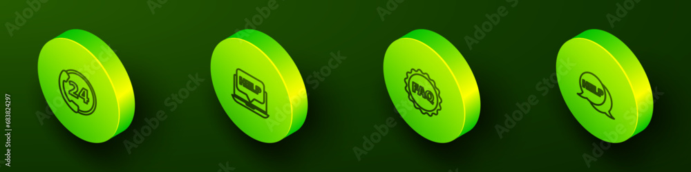 Aufkleber set isometric line telephone 24 hours support, laptop and help, label with text faq and speech bubbl
