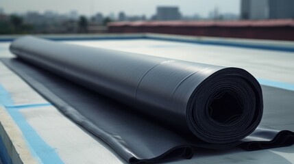 Roll of EPDM Ethylene Propylene Diene Terpolymer Material Laying on a Roof. Modern Roofing Materials.