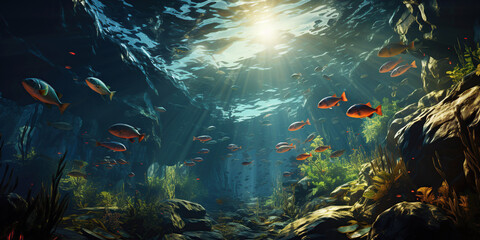 exotic tropical fish underwater in ocean in the aquarium