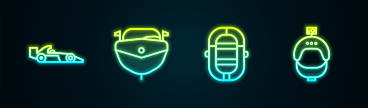Set line Formula 1 racing car, Speedboat, Rafting and Helmet and action camera. Glowing neon icon. Vector