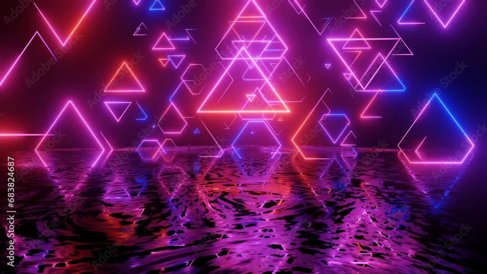 Aufkleber neon design blue purple pattern with lines. 4k video with various neon elements and a reflecting flo