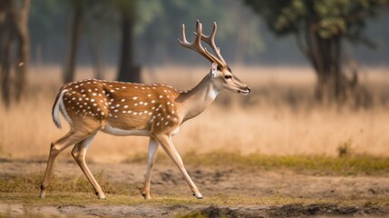 Naklejka na ściany i meble Side view of axis deer walking on field,Jim Corbett National Park,India.