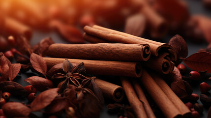Celebrate the warmth of autumn with a close-up minimalistic background of cinnamon sticks and fallen leaves, evoking a cozy and comforting ambiance.