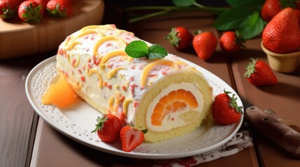 Sponge cake roll with cream, strawberries and orange fruits on a white plate on wooded table background.