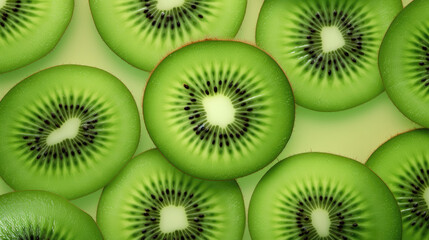 Highlight the natural beauty of a close-up minimalistic background featuring the intricate patterns and textures of a sliced kiwi, for a playful and refreshing vibe.