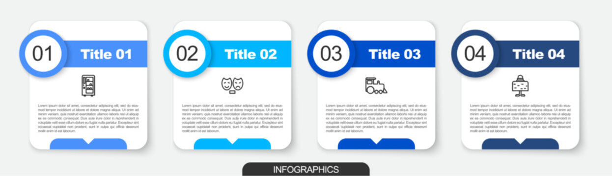 Set line Vending machine, Comedy and tragedy masks, Toy train and Magic ball on table. Business infographic template. Vector