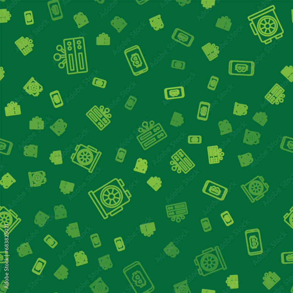 Poster set line server, video graphic card and mining bitcoin from mobile on seamless pattern. vector