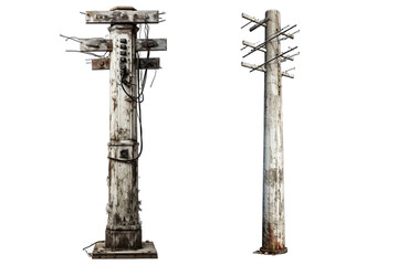 Two Old Wooden Telephone Poles on transparent Background