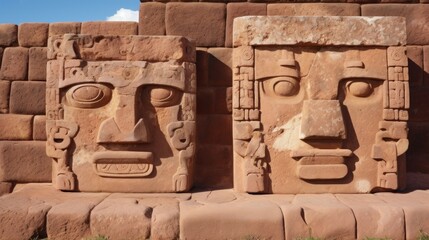 Tiwanaku face sculptures,tiwanaku stone carved face sculptures embedded in walls.