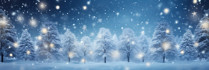 Banner with winter landscape, trees in snow, lights and bokeh. Merry Xmas Card. Winter Snow Background