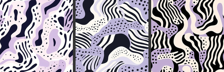 Fototapeta na wymiar Set of trendy liquid abstract seamless patterns in light lavender purple, white, black colors. Fluid flat shapes, bold curved wavy distorted zebra lines, stripes, dots on white background texture.