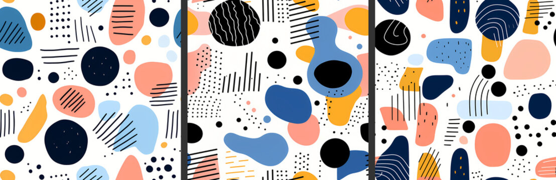 Set of trendy liquid abstract seamless patterns in yellow, peach orange, blue, white, black colors. Fluid flat shapes, bold linesm scribles and dots on white background texture. For graphic design
