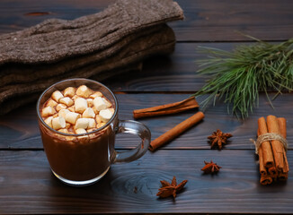 Winter Christmas hot drink, cocoa and marshmallow in mug, woolen knitted warm wrap, scarf on dark brown rustic table, spices, fir tree  branch. High angle, close up, flat lay