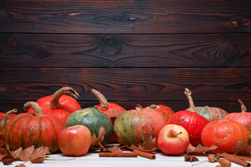 Fresh orange pumpkins and dry foliage side view with copy space on dark wooden barn wall. November Thanksgiving rustic background. Fall menu, holiday, harvest season