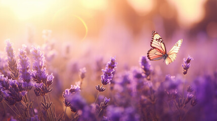 Lavender Field at Sunset with Butterflies - obrazy, fototapety, plakaty