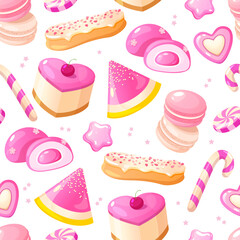 Vector seamless pattern with different sweets in pink color