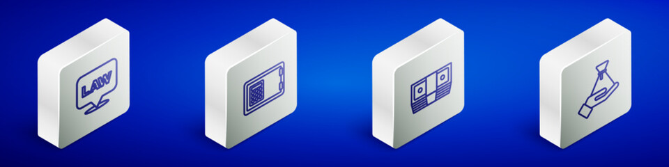 Set Isometric line Location law, Safe, Bribe money cash and bag icon. Vector