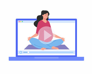 Pregnant women doing yoga exercises online for healthy lifestyle pregnancy, motherhood. Flat vector illustration.