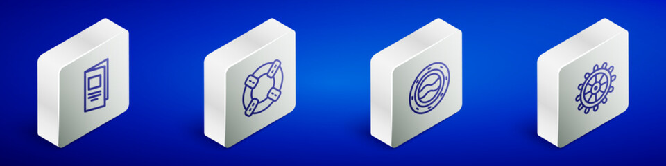 Set Isometric line Brochure, Lifebuoy, Ship porthole with seascape and steering wheel icon. Vector