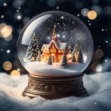 showcasing a magical Christmas village with softly lit lanterns and the serene beauty of a snow globe at night. Generated by Ai	